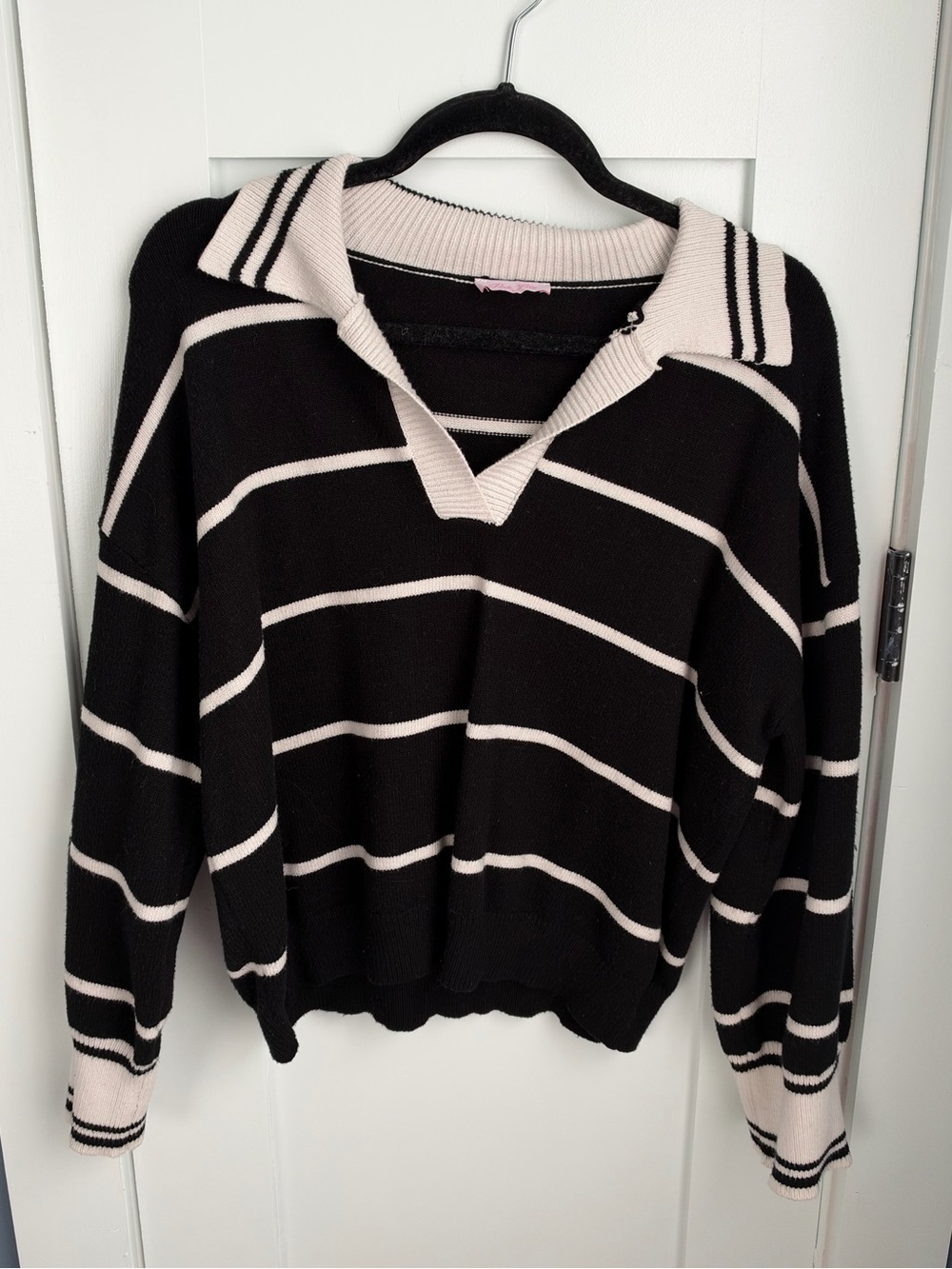 Pink Lily Black and Cream Striped V-Neck Polo Sweater